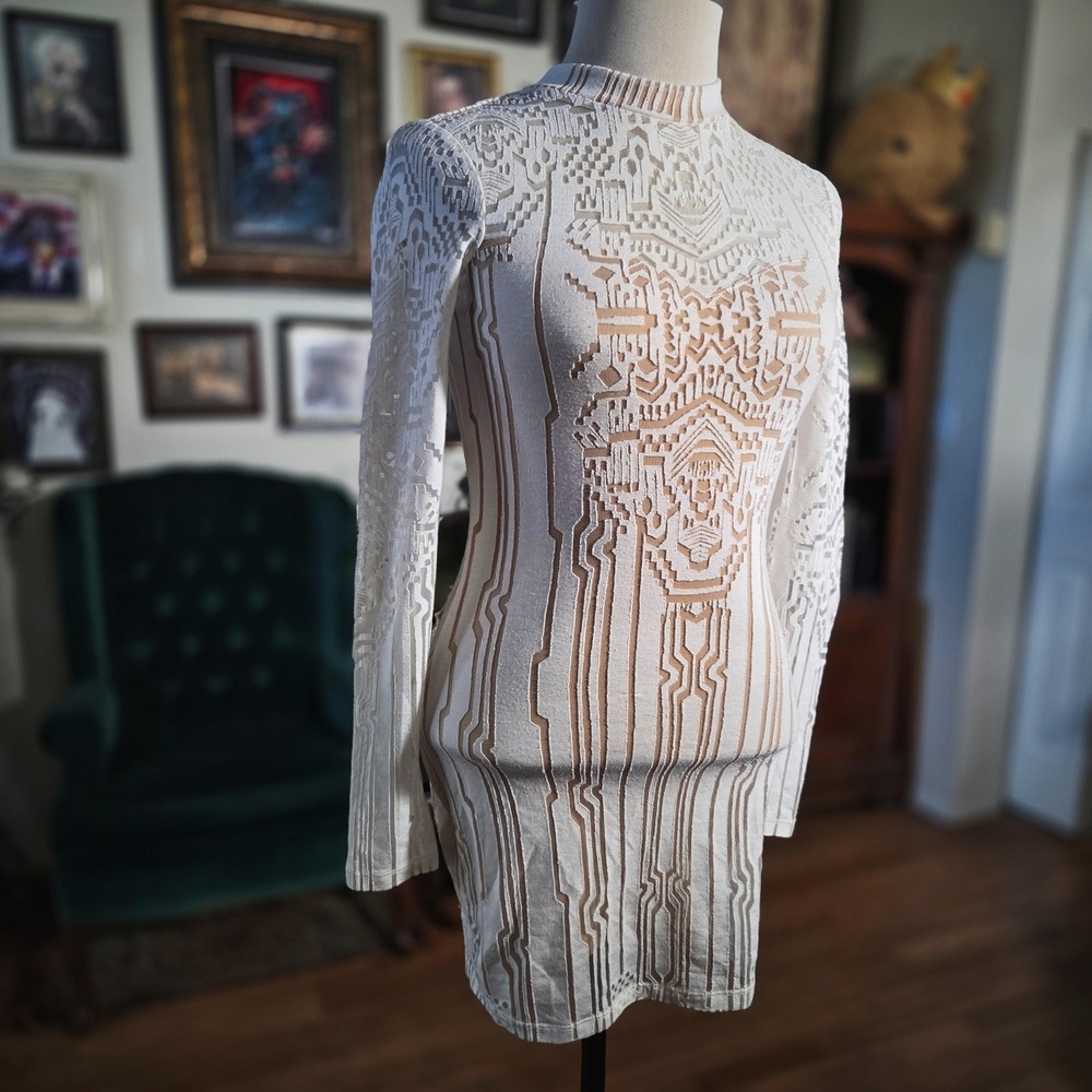 Material Girl‎ White Burnout Velvet Geometric Bodycon Mini Dress Mock Neck XS